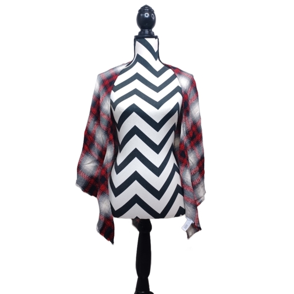 NWT J.Jill Scarlet Embroidered Plaid Boho Triangle Scarf Shawl Wrap - Picture 2 of 9